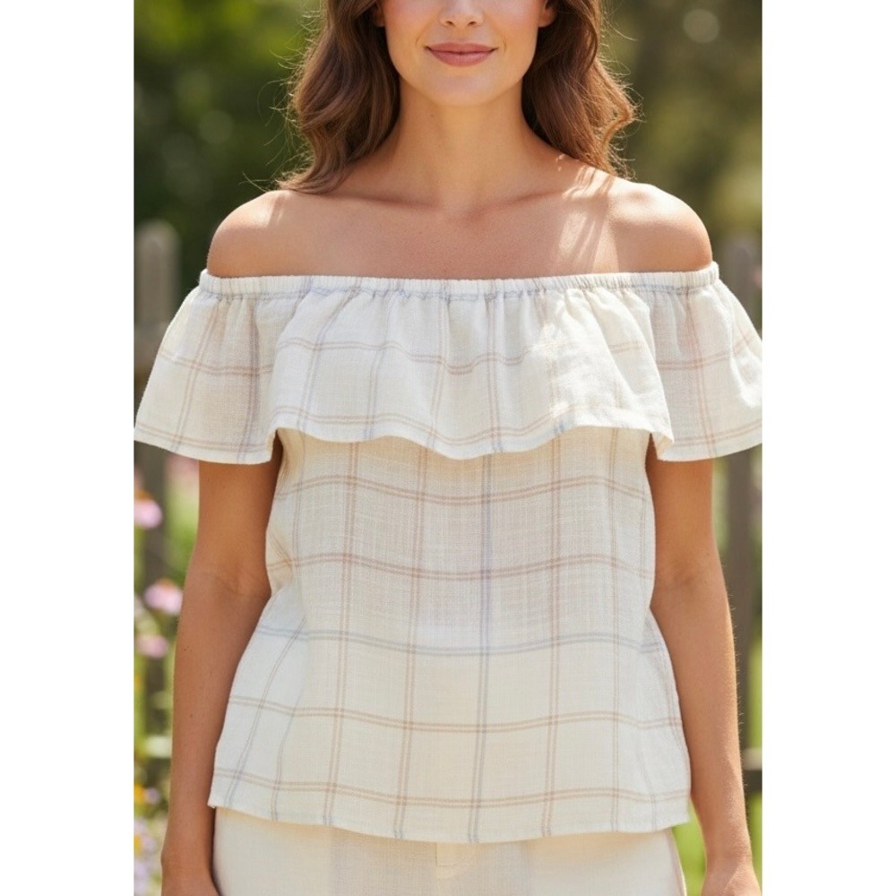 Abercrombie Fitch Top Womens Large Off Shoulder Cream Plaid Boho‎ Prairie Ruffle